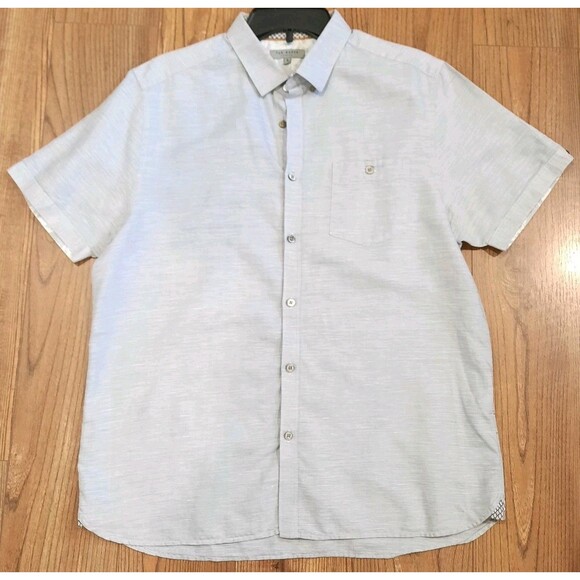 Ted Baker Light Blue Linen Blend Short Sleeve Button Down Shirt Sz 5 /US Size XL - Picture 1 of 6